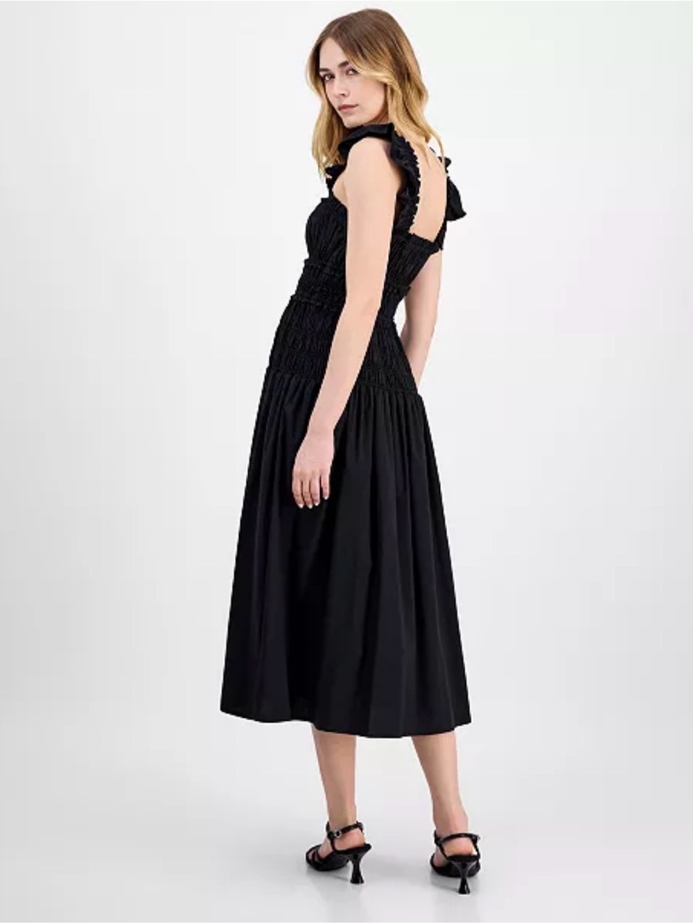 Anne Klein Black Smocked Bodice Ruffle Strap Midi Dress